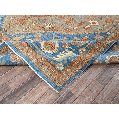 9'10"X13'8" Brown Peshawar Heris Hand Knotted Soft High Mountain Wool Rug