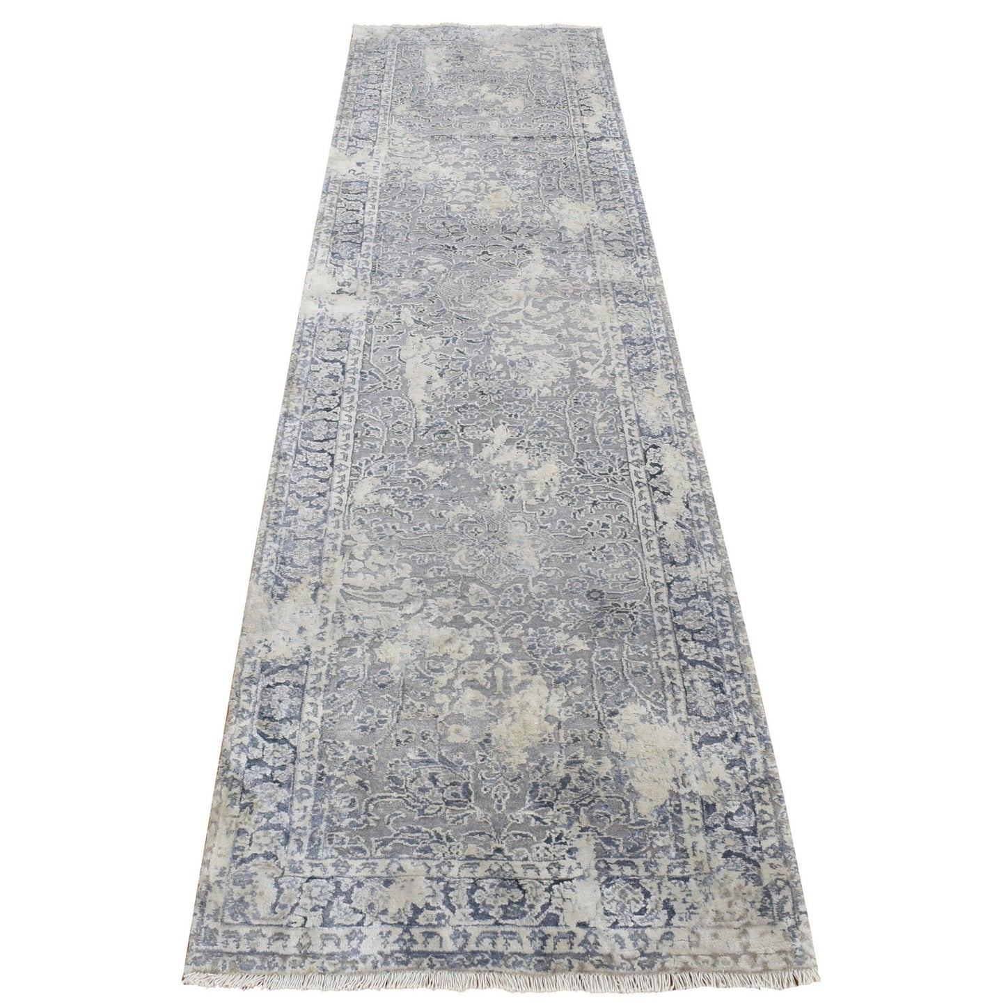 2'6"X9'10" Gray Erased Kishoon Design Wool/Silk Hand Knotted Runner Rug