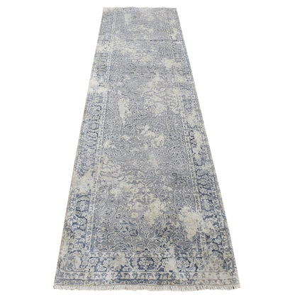 2'6"X9'10" Gray Erased Kishoon Design Wool/Silk Hand Knotted Runner Rug