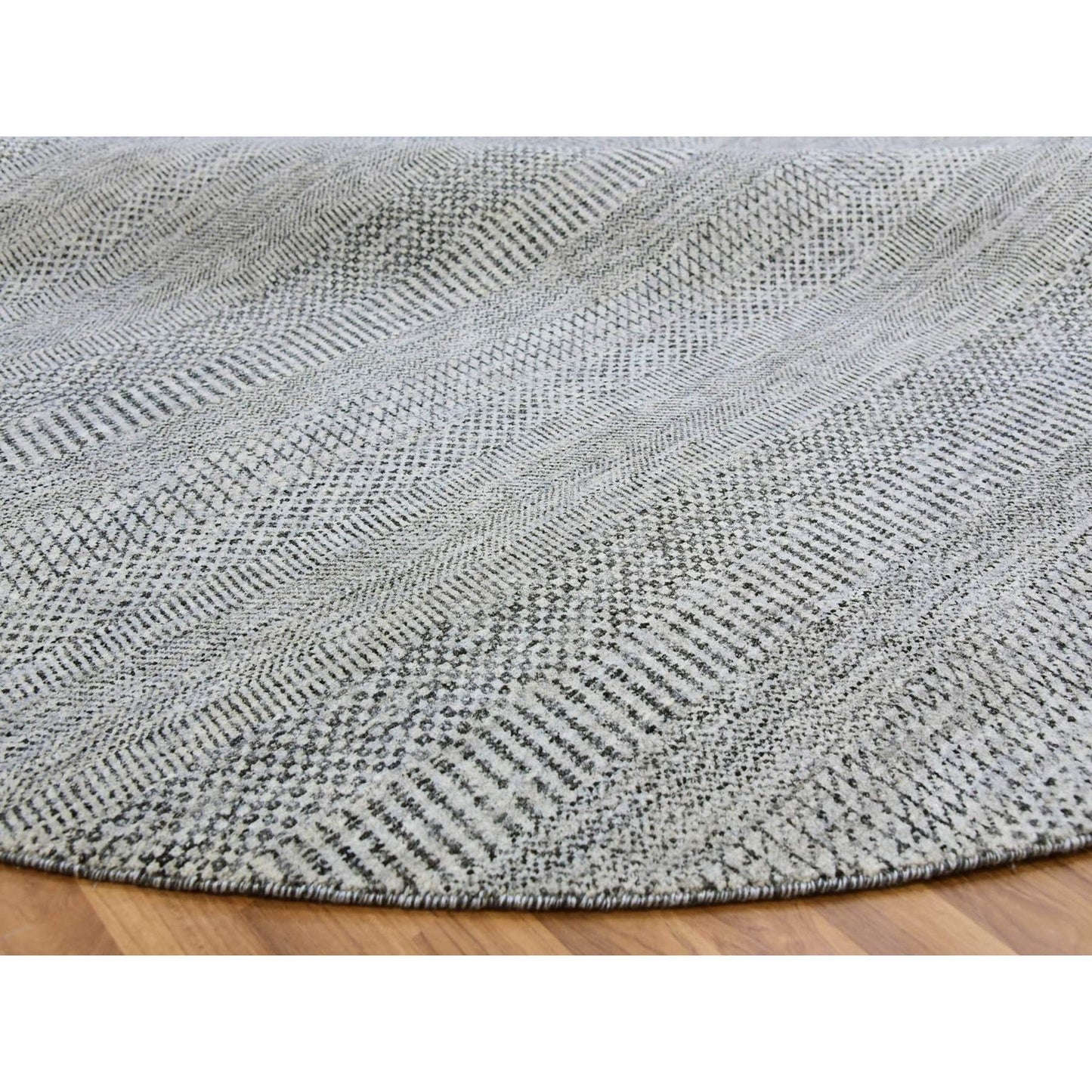 Rug 10'x10' Sea Gray Hand Knotted Round Pure Undyed Wool Grass Design