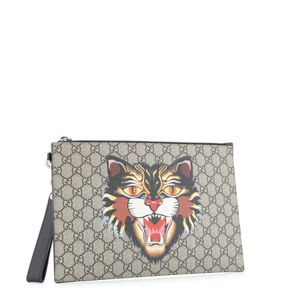 Gucci Zipped Pouch Angry Cat Gg Coated Canvas Large