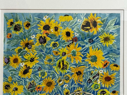 Helen Paul "Sunflower Patch" Signed Limited Edition Print Lithograph Cat Garden