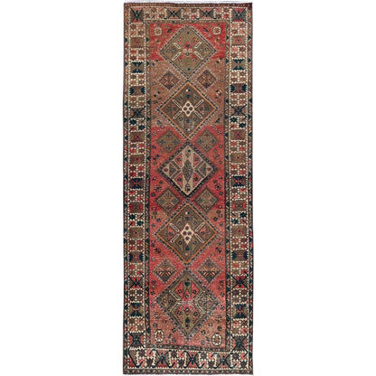 3'5"X10'3" Blush Red Vintage Zoroastrian Hand Knotted Pure Wool Runner Rug