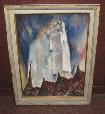 J. Gordon Carr A.W.S. Watercolor Painting "Rca Building" Nyc Signed Framed