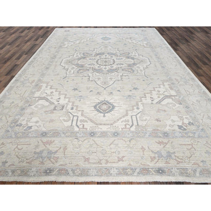 10'X13'7" White Wash Peshawar With Heris Design Hand Knotted Pure Wool Rug