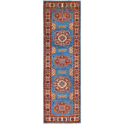 2'10"X9'7" Jelly Bean Blue Special Kazak Hand Knotted Wool Runner Rug