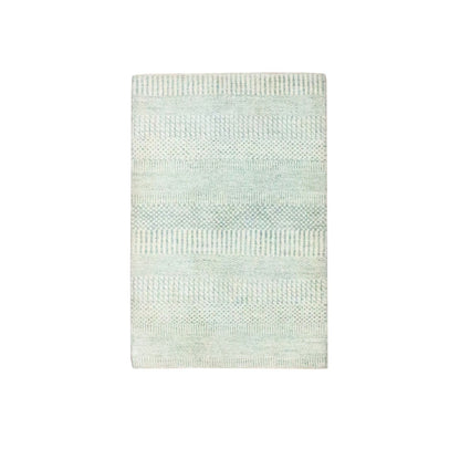 Ivory Hand Knotted 2'x3' Wool With Silk Modern Grass Design Rug