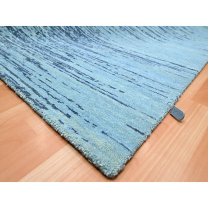 9'X12'3" Cerulean Blue Pure Wool Horizontal Ombre Design Hand Knotted Rug