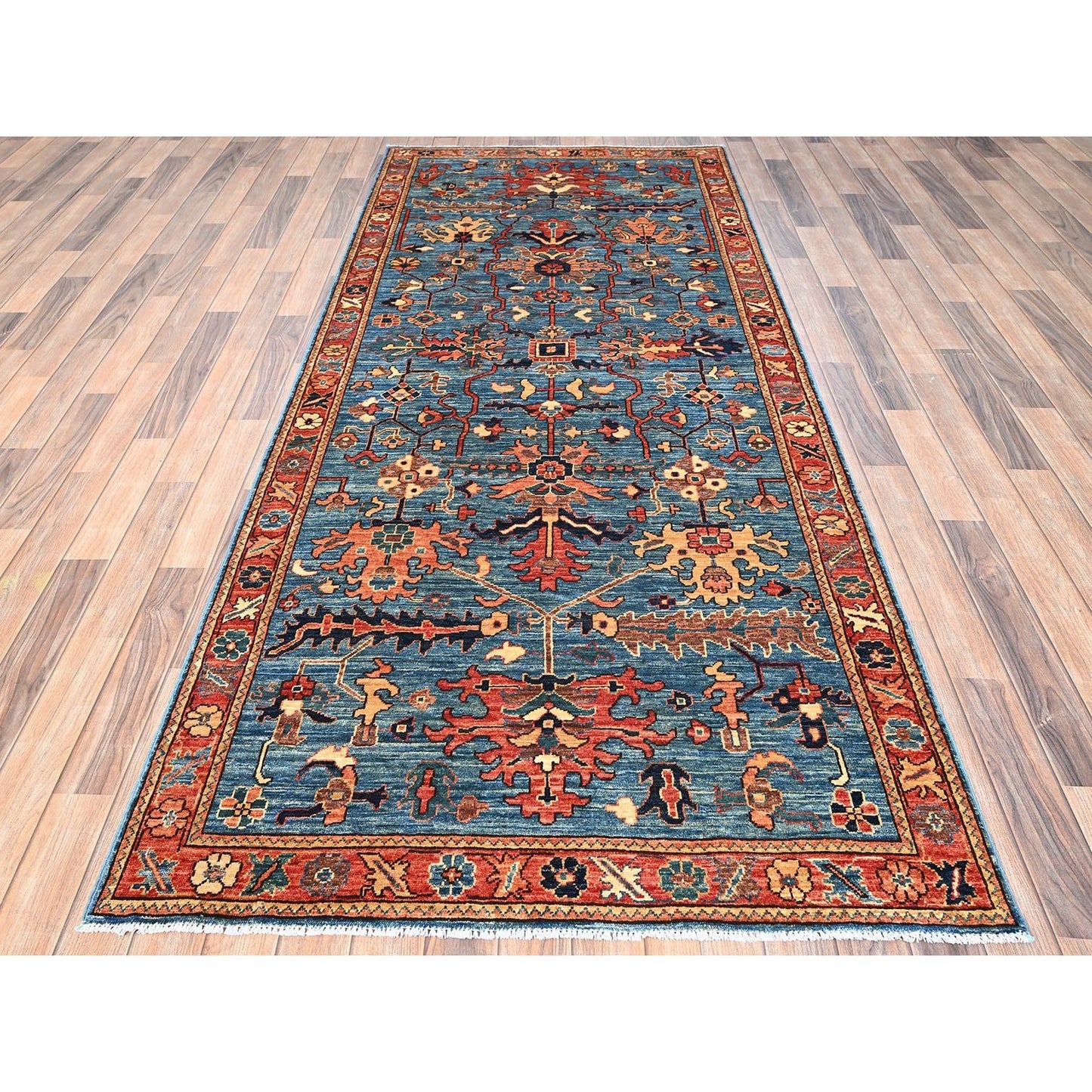 4'2"X9'7" Blue Heris All Over Design Hand Knotted Pure Wool Wide Runner Rug