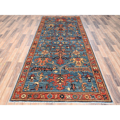 4'2"X9'7" Blue Heris All Over Design Hand Knotted Pure Wool Wide Runner Rug