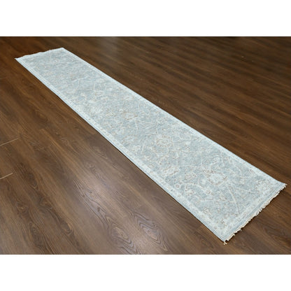 2'5"X11'4" Coin Gray Hand Knotted Oushak Design Soft Wool Runner Rug
