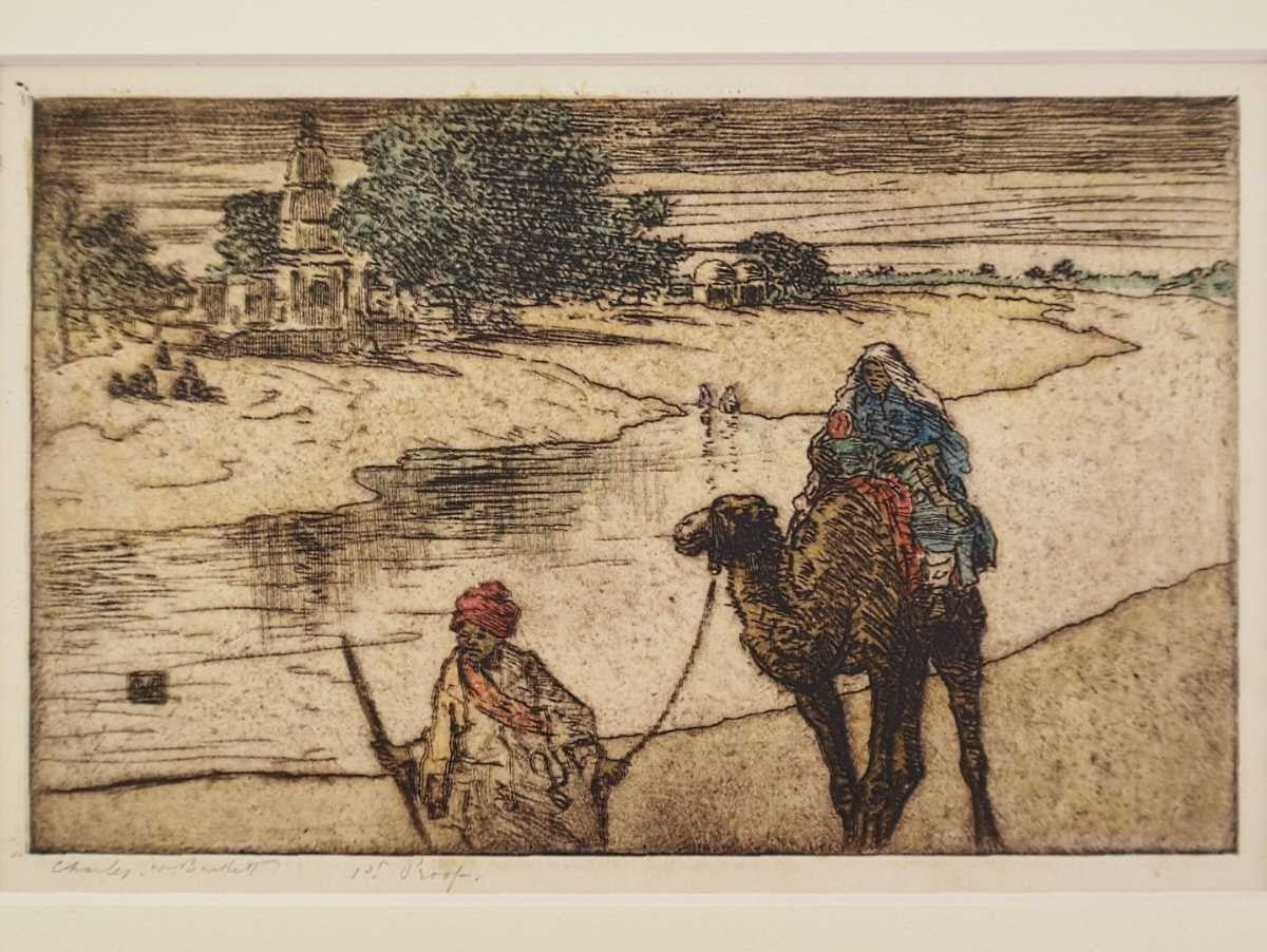 Charles W. Bartlett "Man Leading Camel" Hand-Colored Etching Signed Proof C.1920