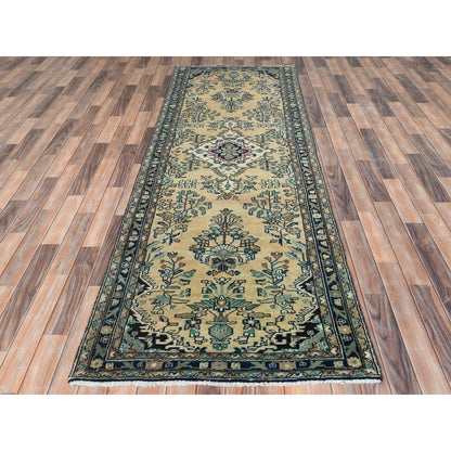 3'5"X10'1" Brown Vintage Farsian Worn Wool Hand Knotted Wide Runner Rug