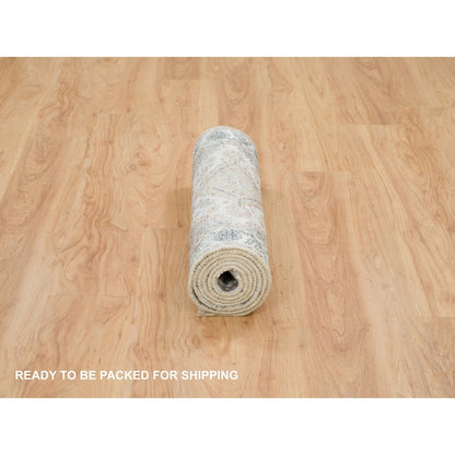 2'7"X8' White Hand Knotted Unique Flower Border Runner Oriental Rug