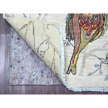 4'X6' Ivory Sparrows On The Tree Peshawar Soft Wool Hand Knotted Rug