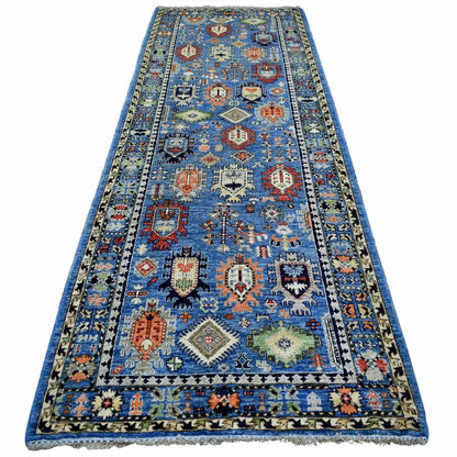 4'4"X11'8" Blue Afghan Ersari With Large Elements Design Wool Runner Rug