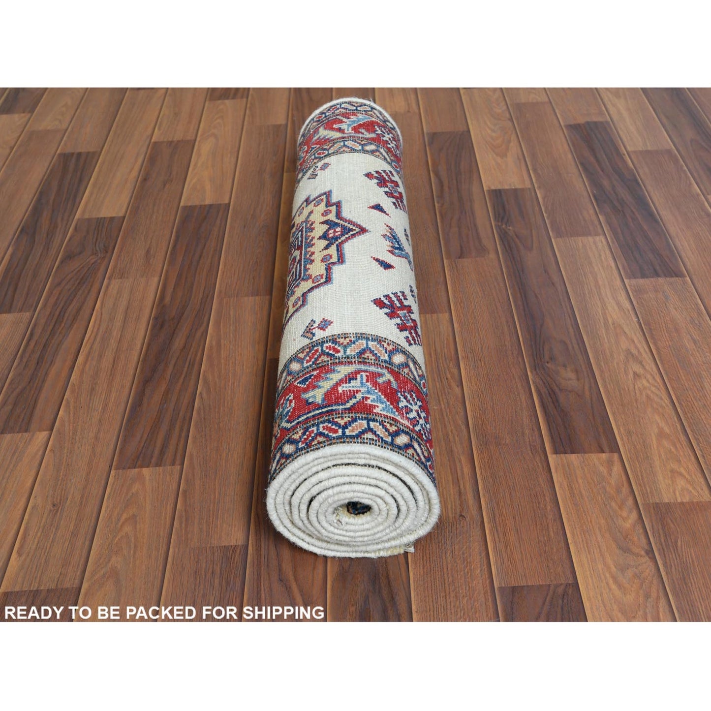 2'8"X9'8" Ivory Geometric Design Special Kazak Hand Knotted Pure Wool Rug