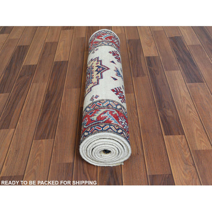 2'8"X9'8" Ivory Geometric Design Special Kazak Hand Knotted Pure Wool Rug