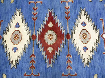 Farmho Boho Blue Geometric Kazak Oriental Rug