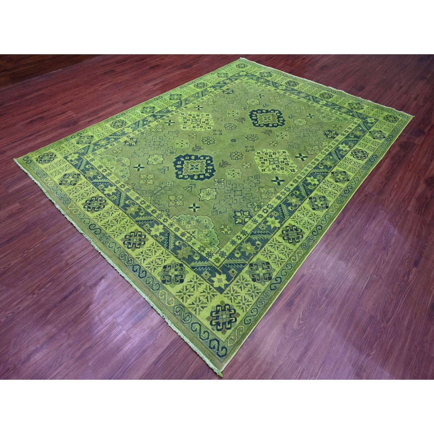 7'5"X10' Olive Green Hand Knotted Overdyed Kazak Tribal Design Wool Rug