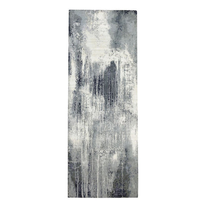 2'6"X10' Charcoal Black Abstract Design Wool-Silk Handknotted Runner Rug