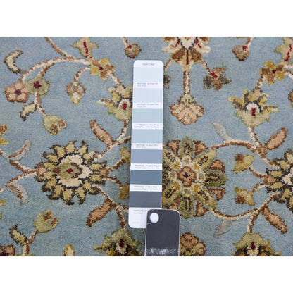 3'X12'2" Blue Hand Knotted Rajasthan Leaf Design Wool And Silk Runner Rug