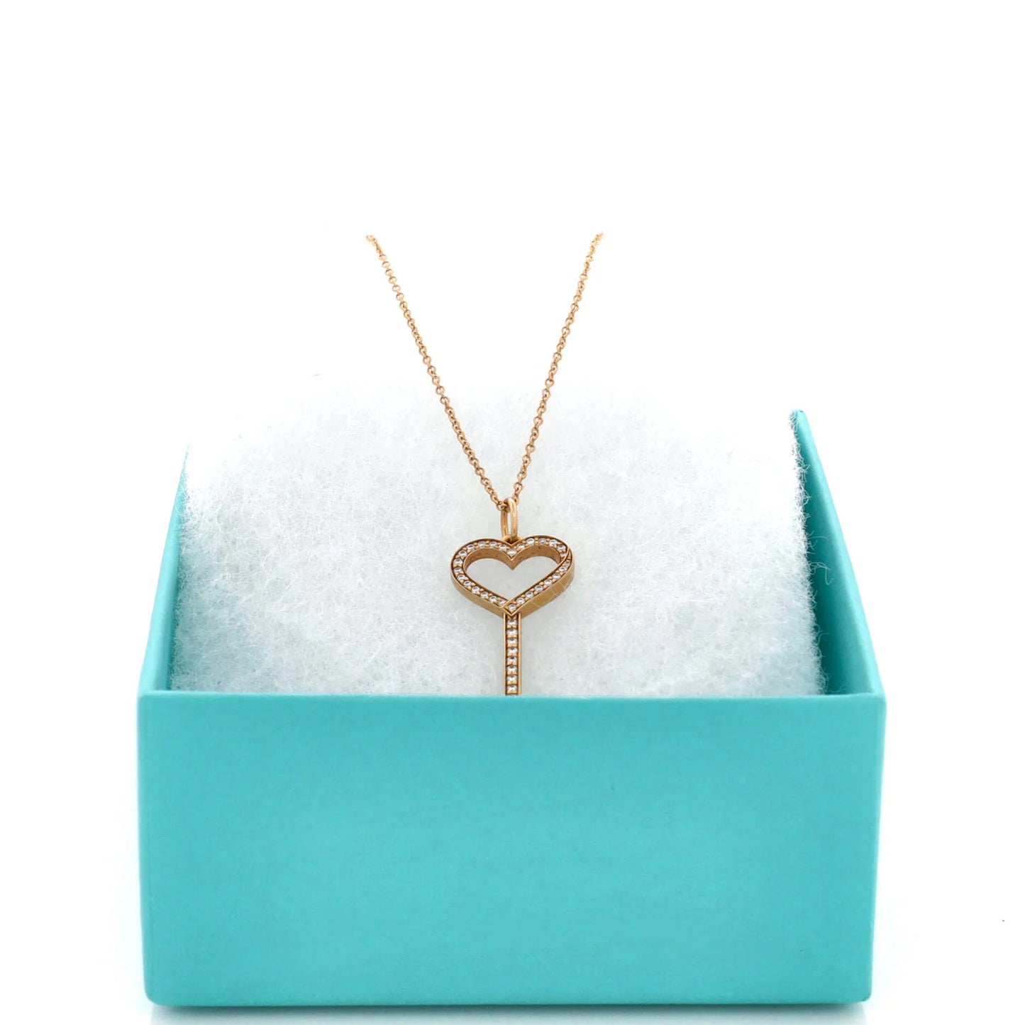 Diamonds Tiffany & Co. Open Heart Key Pendant Necklace 18K Rose Gold with Pave