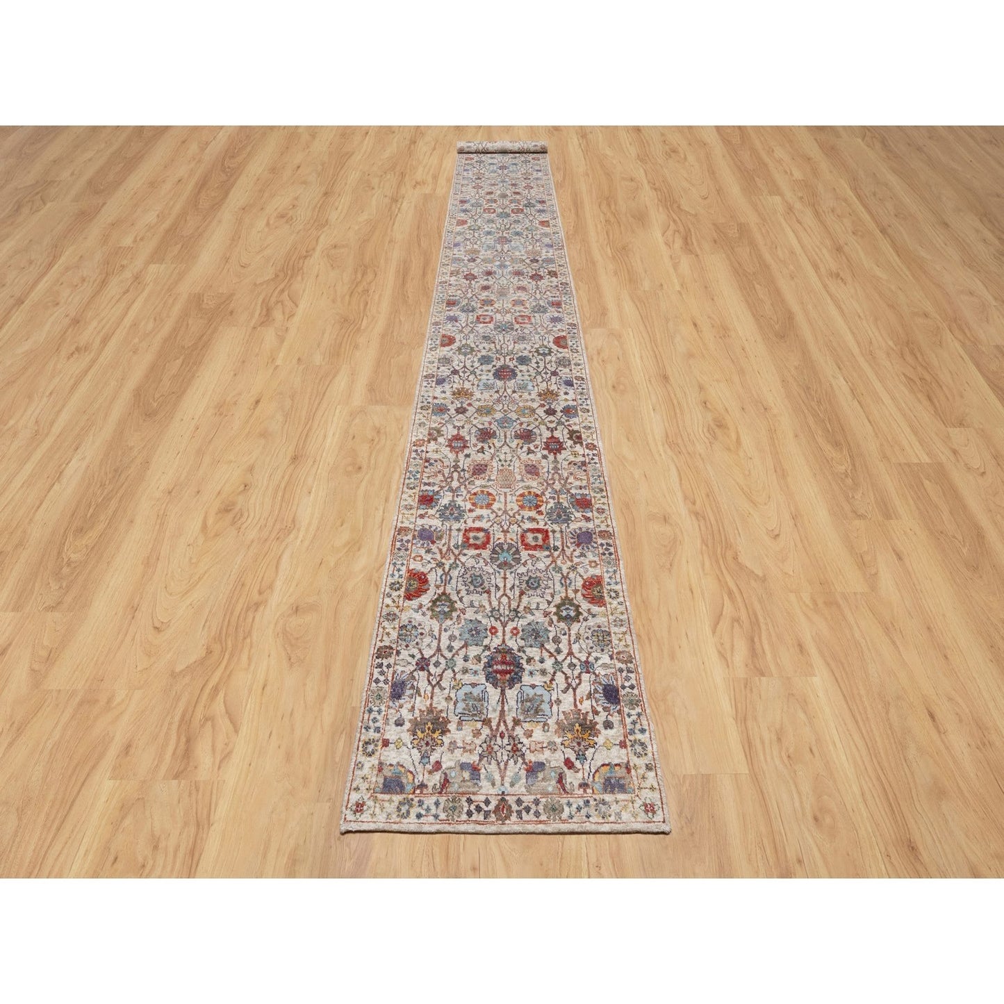 2'6"X18'4" White Tebraz Vase Hand Knotted Silk And Wool Xl Runner Rug
