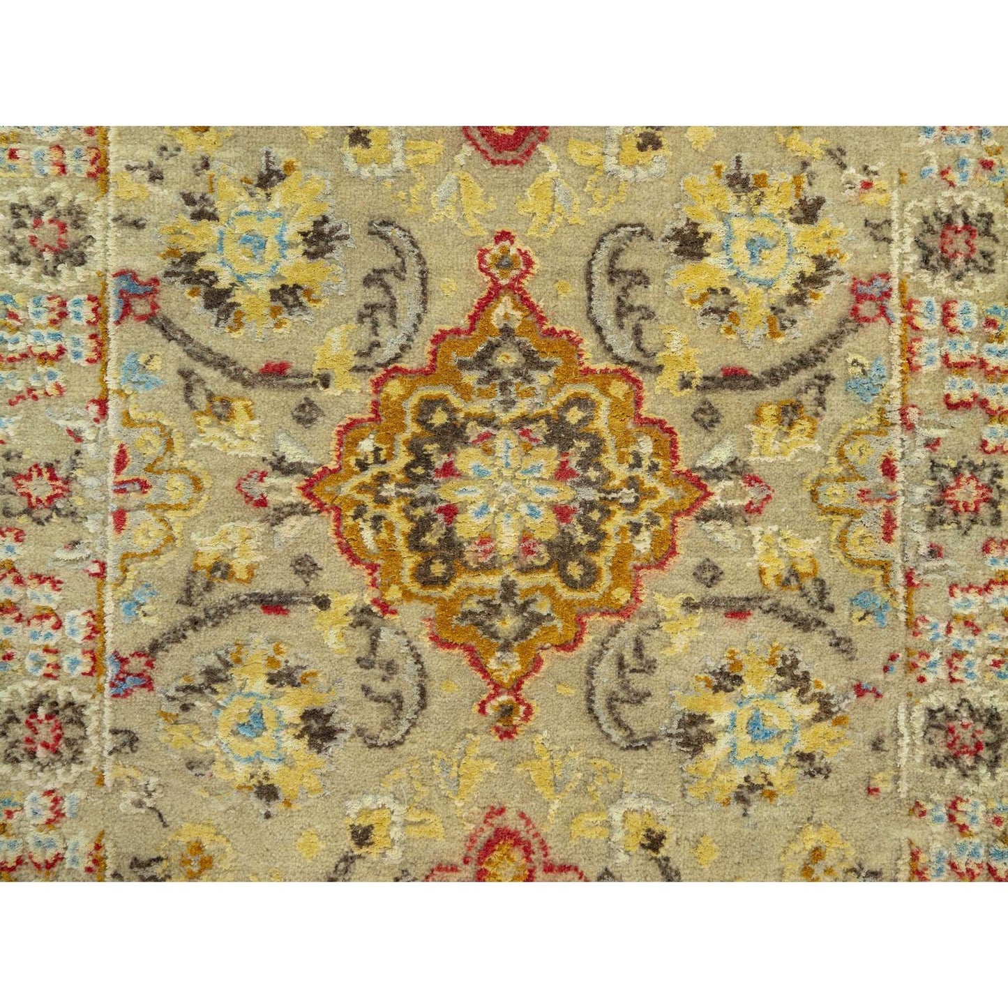 Rug 2'3"x3' Beige Wool and Silk Sunset Hand Knotted Runner Oriental