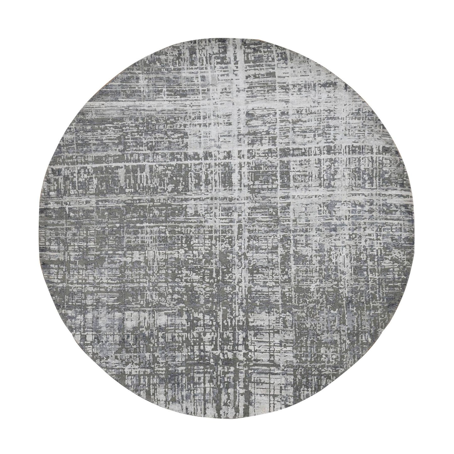 8'2"X8'2" Gray Wool And Silk Abstract Design Hand Knotted Round Rug
