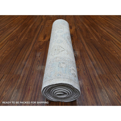 2'7"X9'5" White Hand Knotted Soft Wool White Wash Peshawar Runner Rug