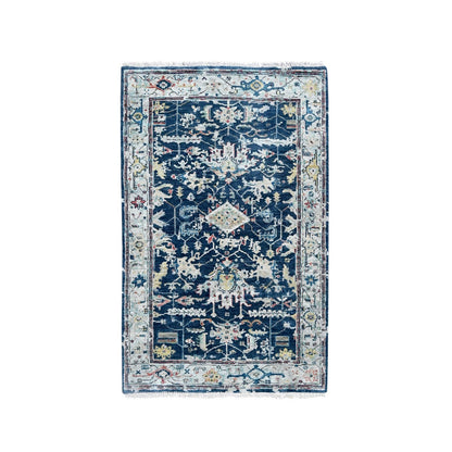 3'2"X4'10" Blue Erased Heris All Over Design Hand Knotted Pure Wool Rug