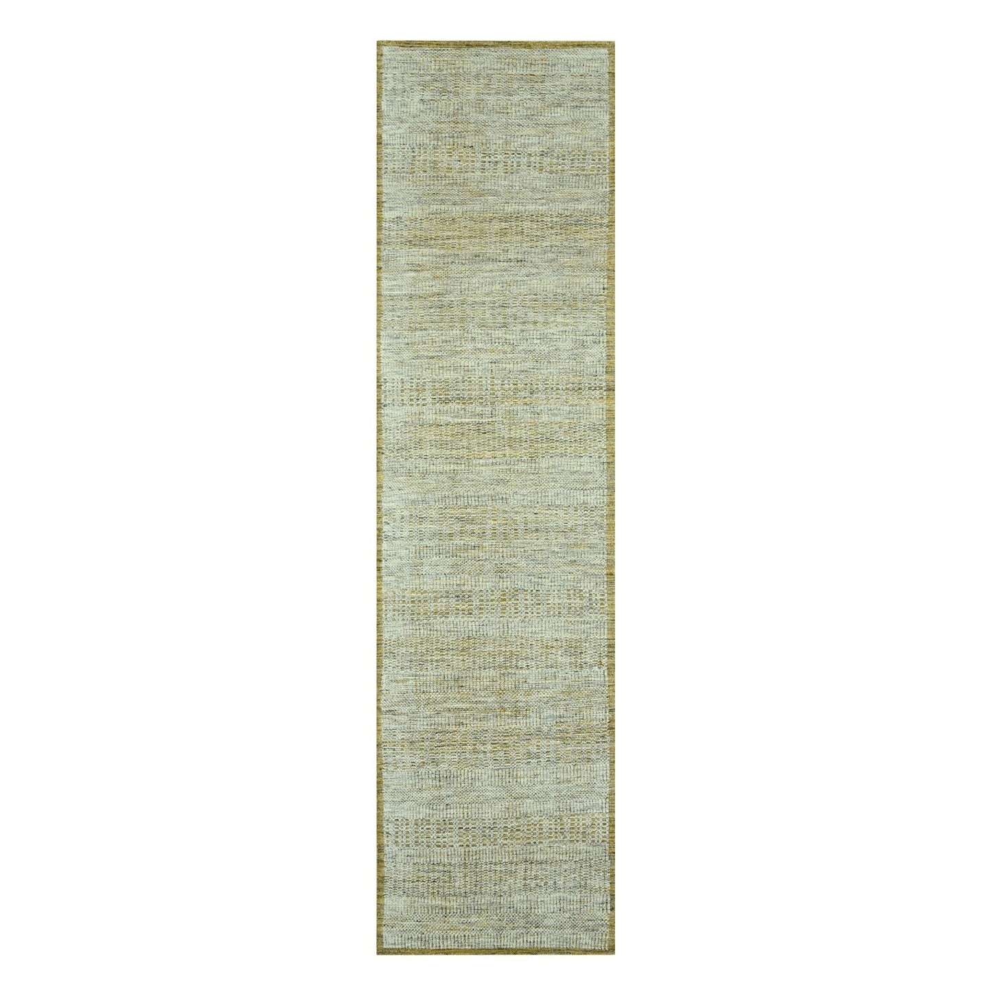 2'6"X10' Yellow Hand Knotted Rug Wool Distressed & Oxidized Grass Design