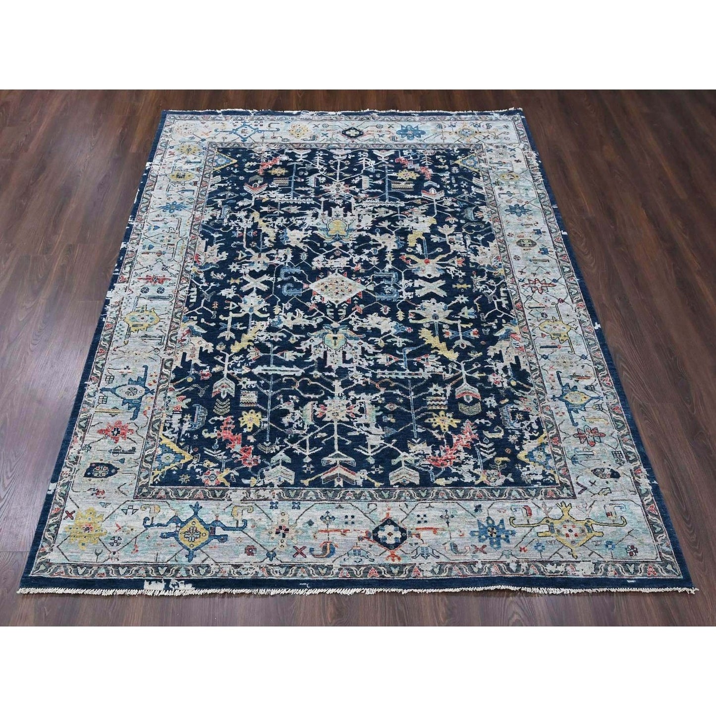 Hand Knotted Wool Rug 8'x9'10" Denim Blue Heris All Over Broken Design