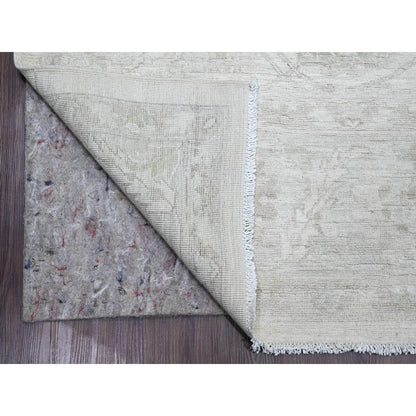 8'8"X11'5" White Hand Knotted Washed Out Peshawar Leaf Pattern Wool Rug