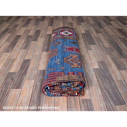 8'1"X9'10" Blue Afghan Caucasian Design Revival Hand Knotted Soft Wool Rug