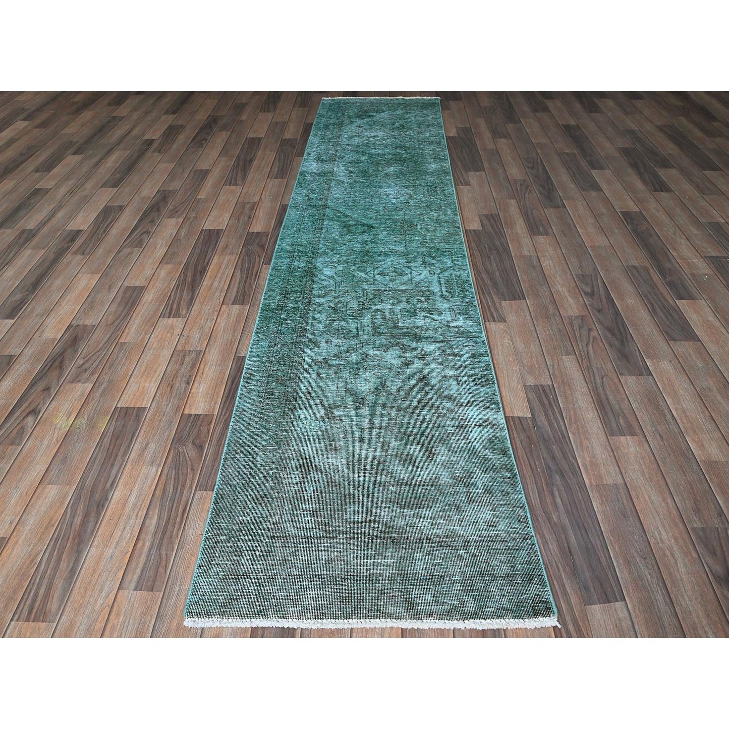 2'4"X10'2" Green Overdyed Vintage Zoroastrian Hand Knotted Wool Runner Rug