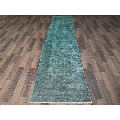 2'4"X10'2" Green Overdyed Vintage Zoroastrian Hand Knotted Wool Runner Rug
