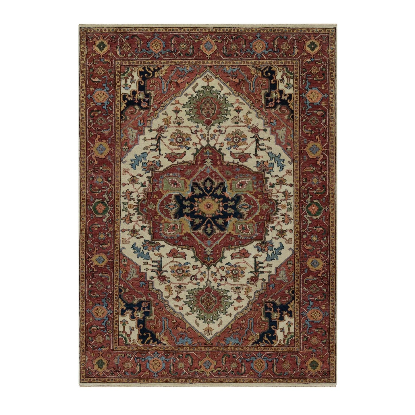 5'1"X7'2" Ivory Antiqued Heriz Re-Creation Hand Knotted Soft Wool Rug