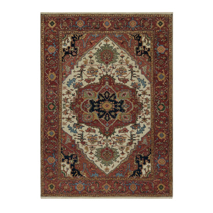 5'1"X7'2" Ivory Antiqued Heriz Re-Creation Hand Knotted Soft Wool Rug