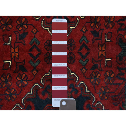 3'X9'10" Red Geometric Design Hand Knotted Afghan Khamyab Wool Runner Rug