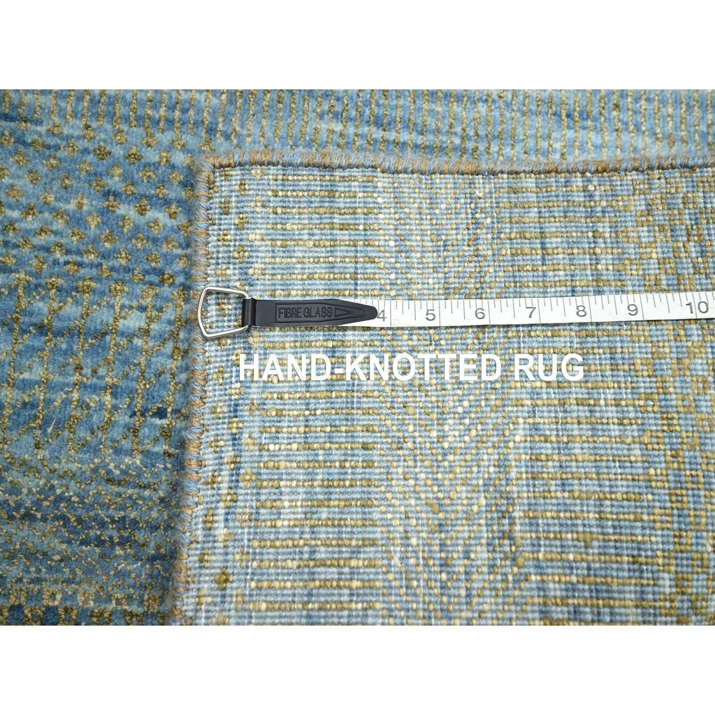 2'7"X12'3" Ensign Blue Wool And Silk Grass Design Hand Knotted Runner Rug