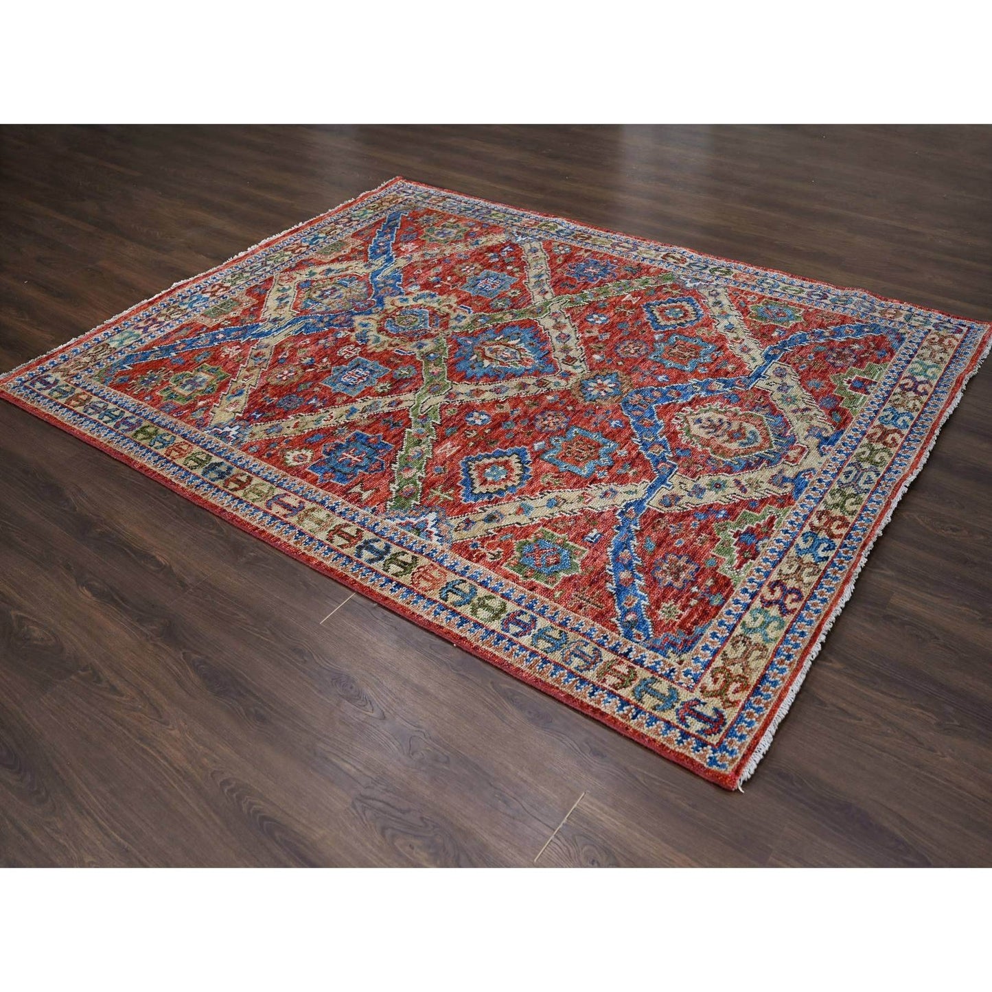 8'X9'10" Coral Red Heris With All Over Design Hand Knotted Wool Rug