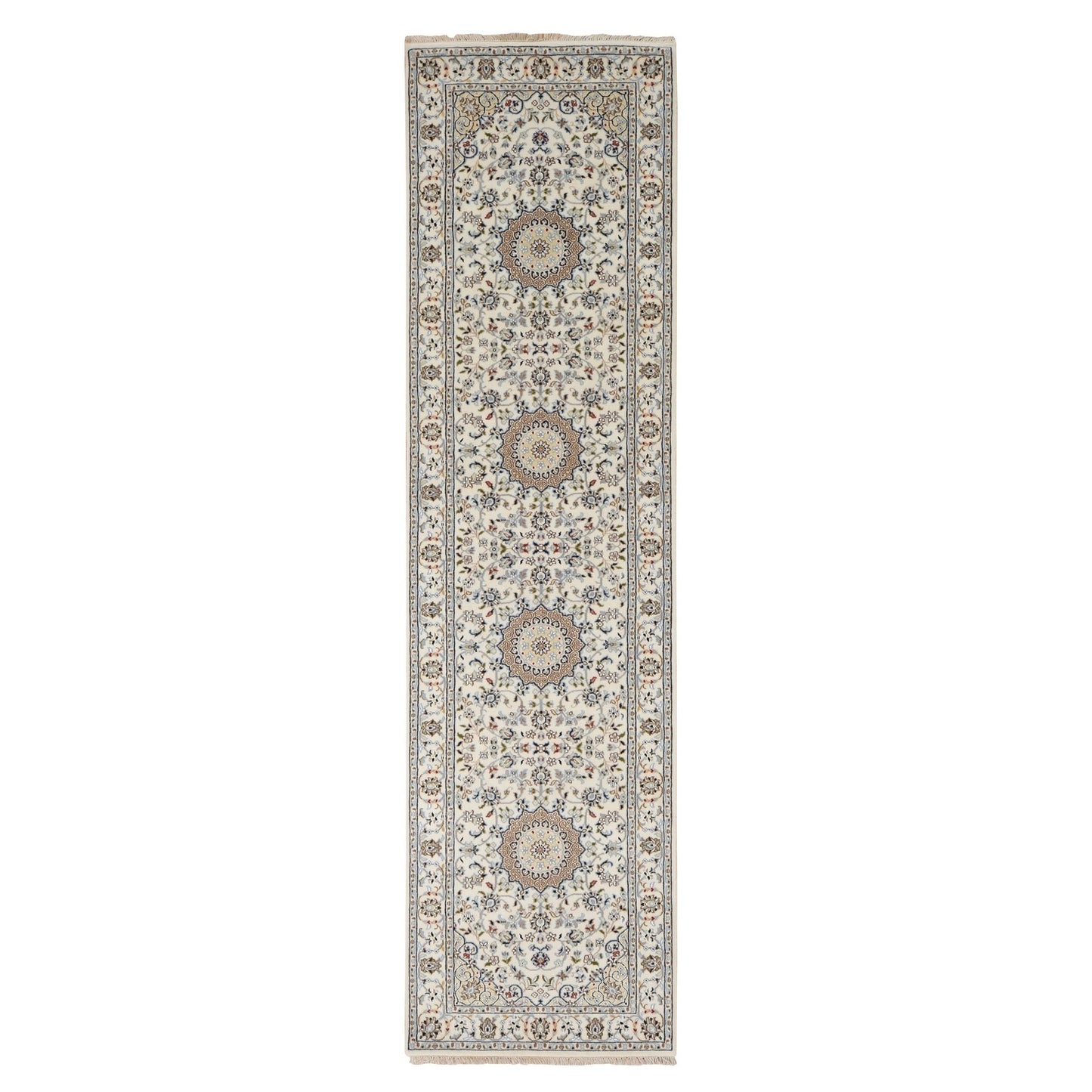 2'9"X10'2" Floral White Nain Hand Knotted 250 Kpsi Soft Wool Runner Rug