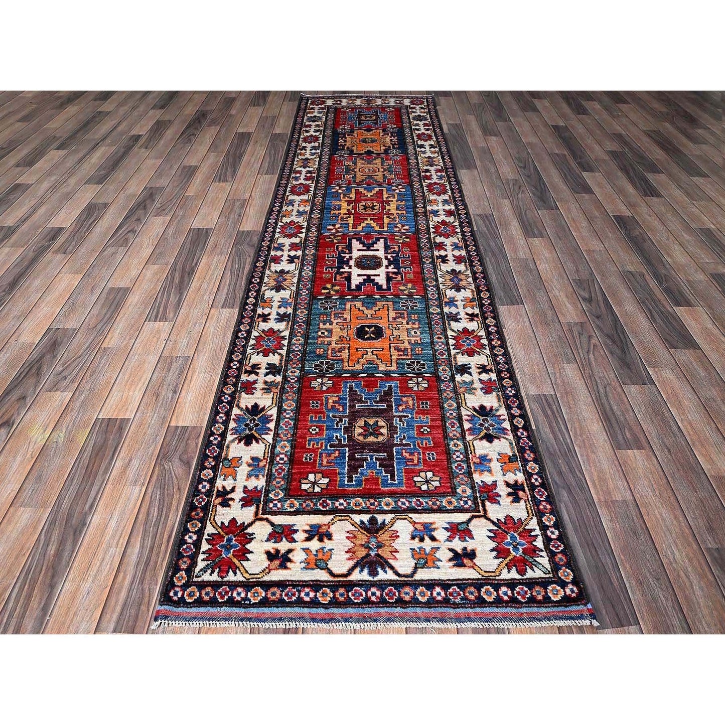 2'9"X9'8" Colorful Caucasian Design Revival Wool Hand Knotted Runner Rug