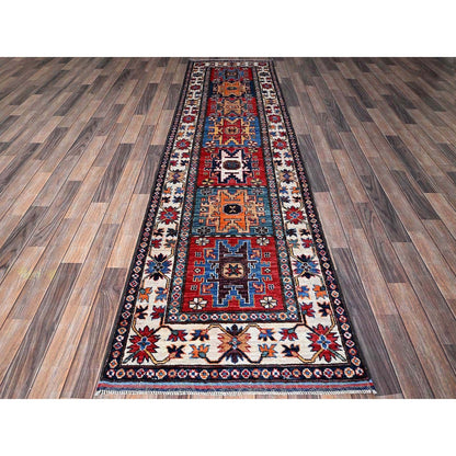 2'9"X9'8" Colorful Caucasian Design Revival Wool Hand Knotted Runner Rug