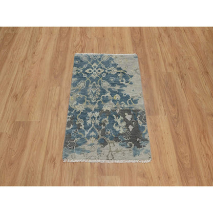 2'X3'1" Blue Broken Pattern Oushak Design 100% Wool Hand Knotted Mat Rug
