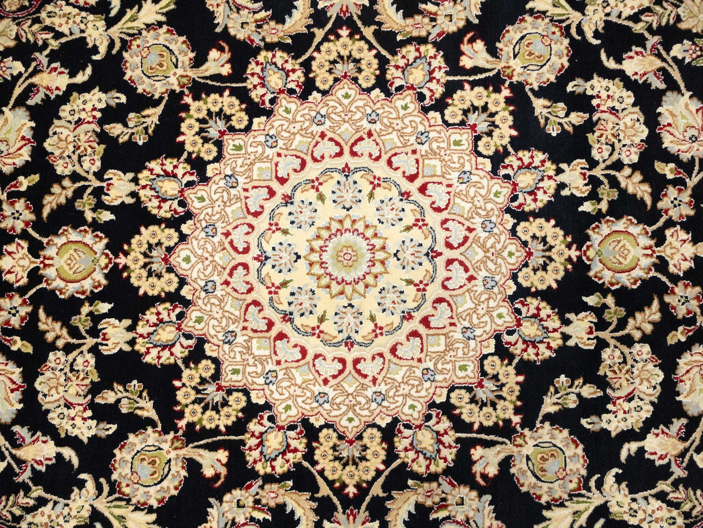 Handmade Black Indo-Nain Wool Rug 6x9 ft Floral Design Oriental Carpet