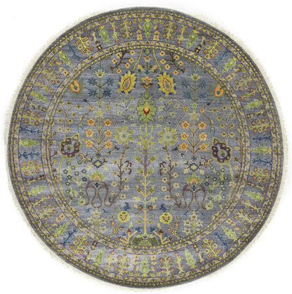 Hand-Knotted Round Oriental Rug Floral Osh Chobi