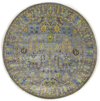 Hand-Knotted Round Oriental Rug Floral Osh Chobi